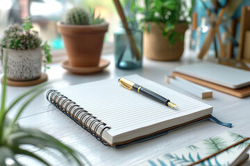 Blank notebook with pen on desk with plants suggesting a freelancer working from home