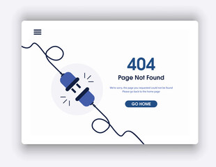 404 error page not found banner. Cable and socket. Cord plug. System error, broken page. Disconnected wires from the outlet. For website. Web Template. Popping window. Blue. Eps 10