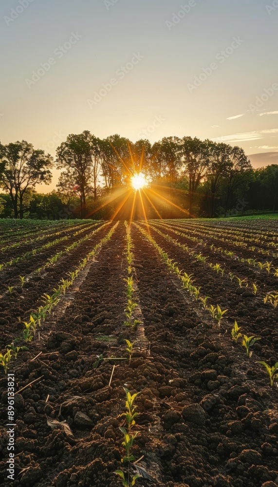 Poster sunset glow over no-till field with emerging crops and tree line background