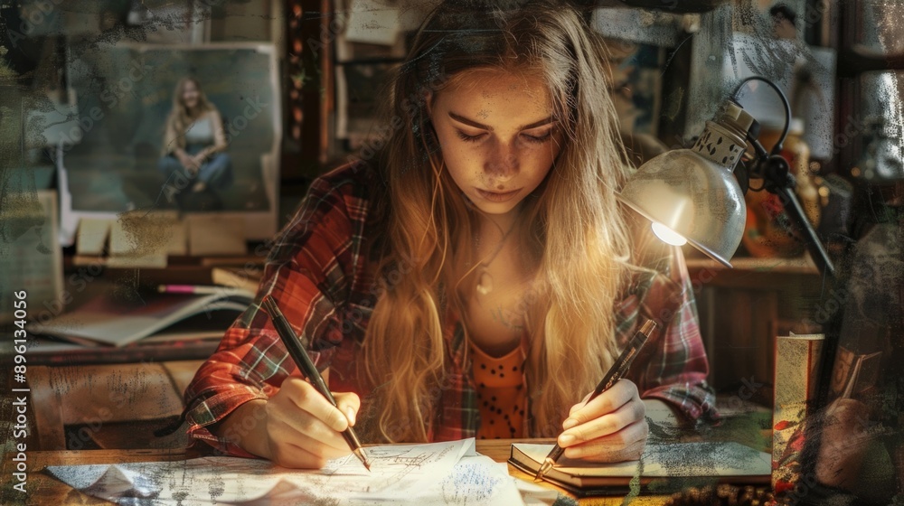 Poster a person sitting at a desk with a book open, writing or reading