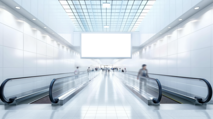 Long, bright corridor with moving walkways and a large blank billboard, people in motion