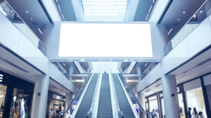 An empty white billboard inside a modern shopping mall, placed above escalators, ready for advertisement, with a clean and bright environment