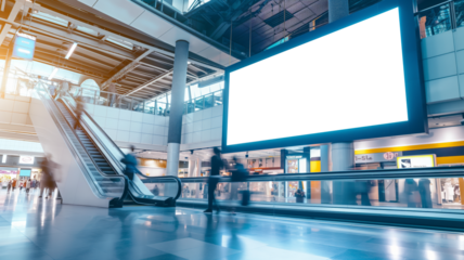 An empty white billboard inside a modern shopping mall, prominently placed above escalators, with people moving around