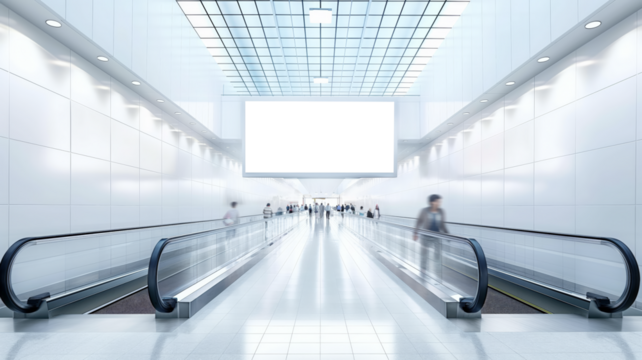 Long, bright corridor with moving walkways and a large blank billboard, people in motion