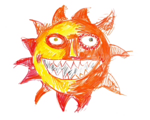 Whimsical cartoon sun with mischievous grin and spiky rays