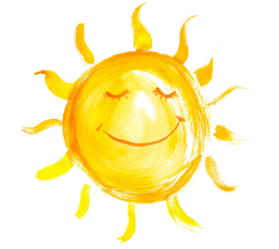 Cheerful crayon drawing of a smiling sun with closed eyes and radiating sunrays on a white background
