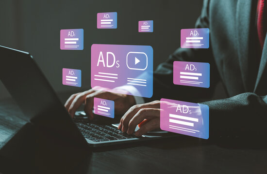 video marketing ideas Playing online video streaming shows advertising buttons for advertising leads on websites. Video with ads on laptop screen