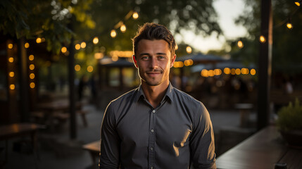Fototapeta premium Young man, wearing a business shirt, standing on a terrace