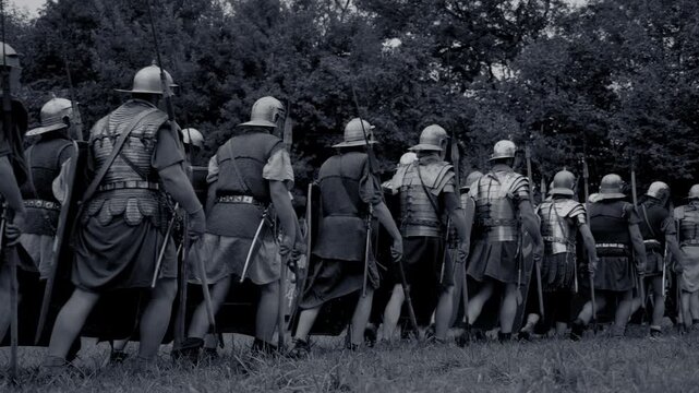 Roman soldiers in unity moving through a woodland trail, showing discipline and military strategy