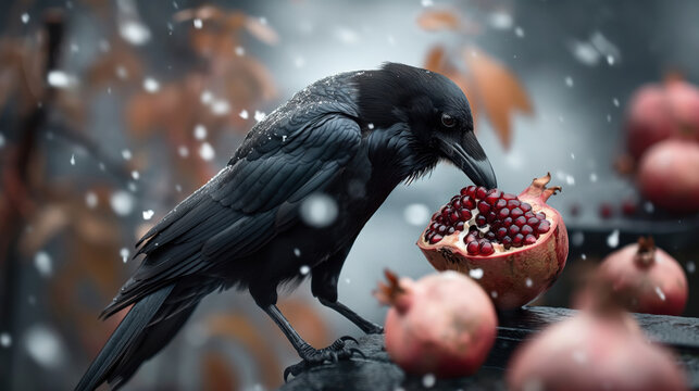Close-up of a black crow eating from a halved pomegranate in a snowy environment with bokeh background.