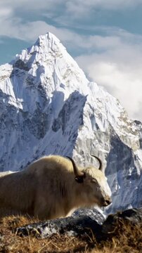 White yak in the Nepalese Himalayas. Snow-covered Ama Dablam mountain on the background, Nepal. Everest Base Camp trek. Steadicam Vertical shot