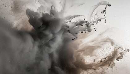 Dramatic black smoke and powder explosion with particles on white. Abstract and chaotic
