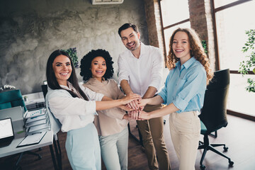 Photo of cheerful professional joyful people office workers motivational meeting workspace workplace