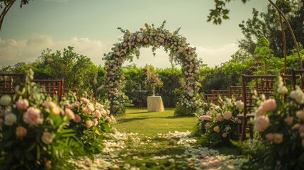 Fototapeta premium Outdoor Wedding Setup with Floral Arches, Elegant Centerpieces, and Serene Garden Background