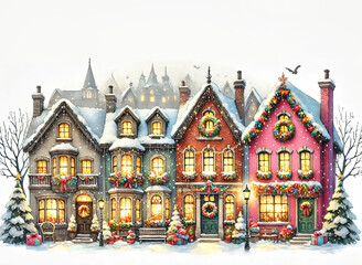Obraz premium Christmas background. Cozy Christmas Village with Festive Decor and Snow 