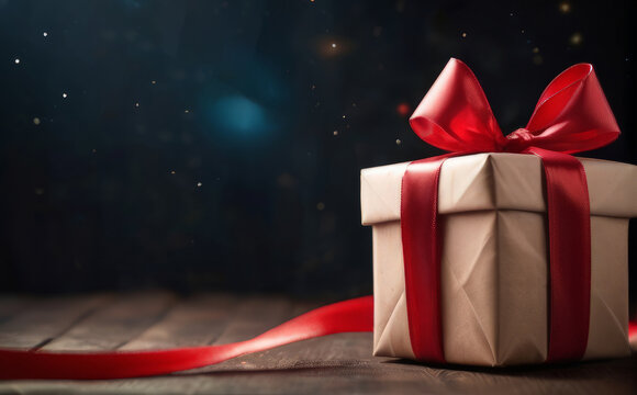 festive background, gift box with red bow