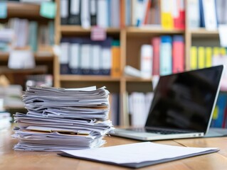 An office desk piled high with documents and a laptop displaying an overflowing inbox epitomizing workload stress.