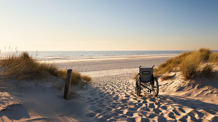 Wheelchair on a sandy path with dunes facing towards a serene beach and ocean during sunset or sunrise.