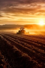 Naklejka premium Morning Sunrise Over Field with Rotary Tiller Preparing Soil for Farming - Agriculture, Rural Scene