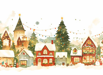 Festive Snow-Covered Village with Holiday Decorations
Watercolor illustration of a festive village covered in snow, adorned with holiday decorations and glowing lights, creating a warm and cheerful at