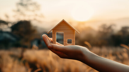 Hand holding a small wooden house model against a serene outdoor setting with a warm sunset or sunrise glow.