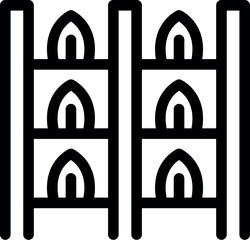 Icon of storage shelves for organizing products in a warehouse, emphasizing efficient inventory management