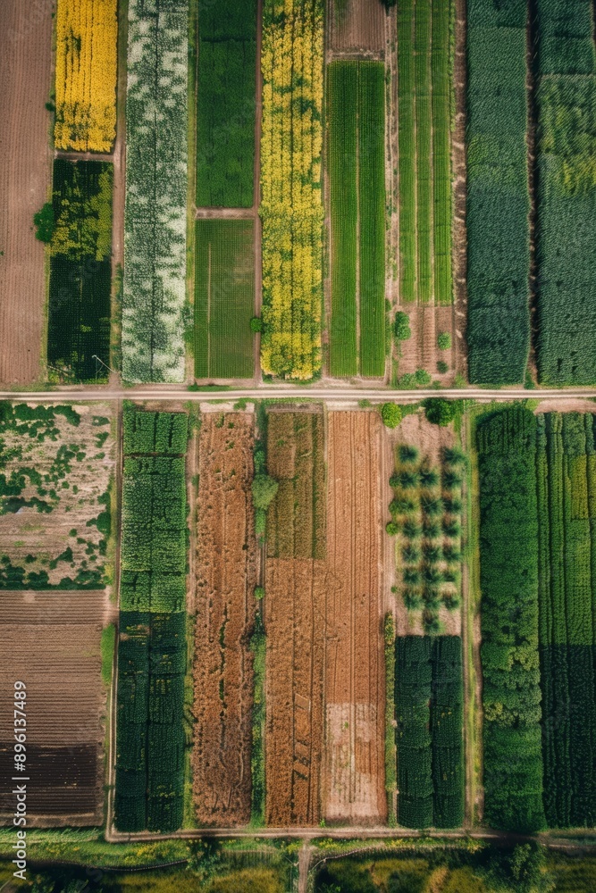Poster aerial view of a large no-till farm with multiple fields and crop varieties for agricultural diversi