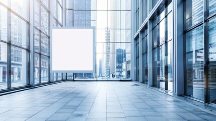 Blank Billboard in Modern Glass Building - Cityscape Reflection, Urban Architecture, Advertisement, Marketing, Design, Signage, Exterior