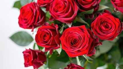 Stunning Close-Up of Vibrant Red Roses in Full Bloom with Lush Green Leaves on a White Background