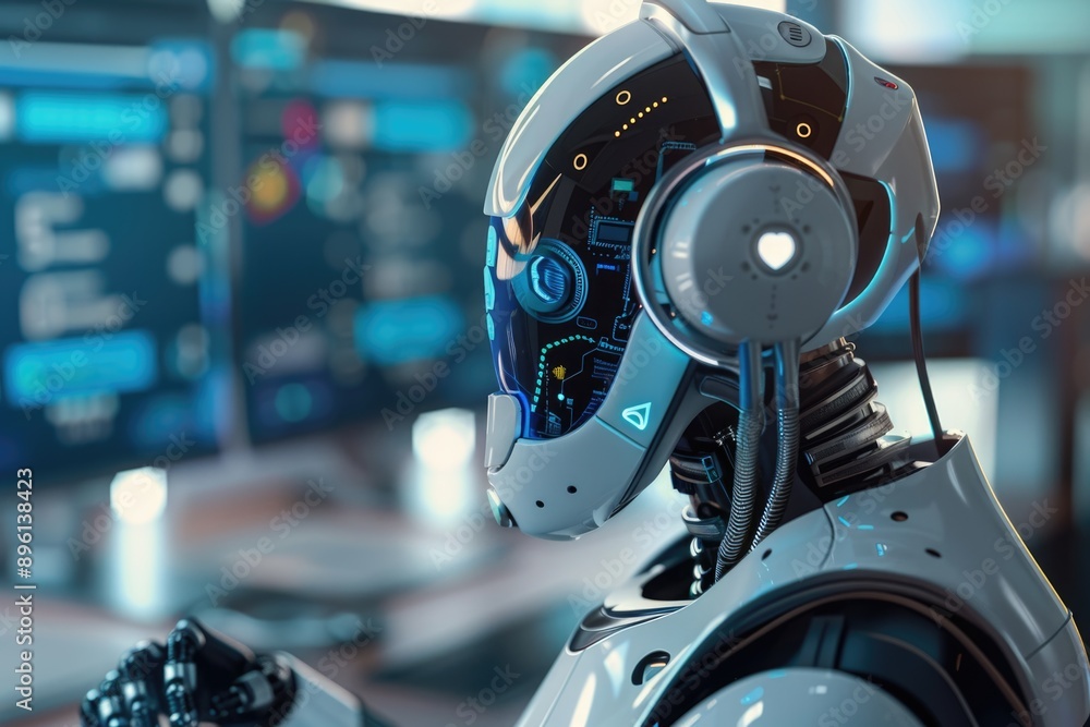 Poster a robot with headphones is focused on the computer screen