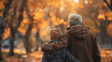 Fototapeta premium Elderly Couple Walking in Autumn Park with Colorful Foliage and Warm Clothing
