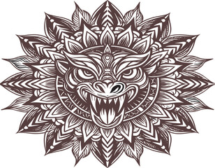 A creative vector mandala sketch design of a dragon with a thick black border can be use for any sticker design or black and white animal face design in graphic