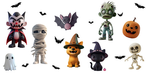 Cute Funny Halloween Collection Set: Vampire, Dracula, Skeleton, Skull, Cat, Dog, Pumpkin, Witch Hat, Bat Silhouette, Mummy, Zombie. 3D Illustration for Halloween Party for Kids.