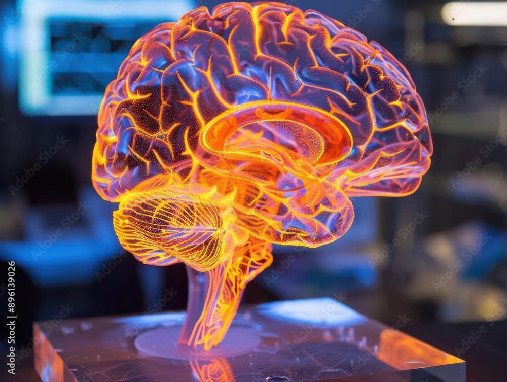 Poster a glowing brain model showcasing intricate neural pathways and connections, symbolizing creativity a