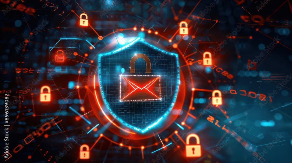 Poster an email icon surrounded by a shield with digital locks in the background illustrating robust email 