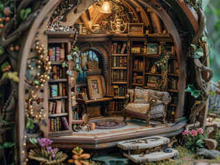 Obraz premium Miniature Fantasy Library Detailed in Illustration: A Realm of Books and Wonder