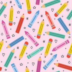 Seamless pattern concept with crayons. School background. Vector illustration