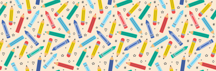 School background with crayons. Seamless pattern. Banner.  Vector illustration