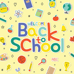 Colourful school background with cartoon icons. Vector illustration