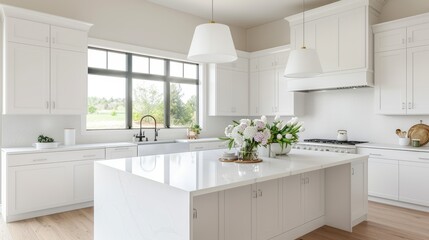 A bright and airy kitchen with white cabinets, a large island, and fresh flowers, with copy space, high-resolution photo, realistic photo, hyper realistic