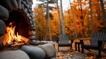 A cozy outdoor fireplace surrounded by autumn foliage, perfect for relaxing evenings in nature's vibrant colors.