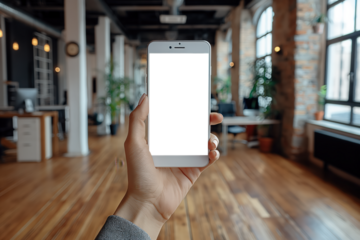 Hand holding smartphone with transparent screen in modern office space