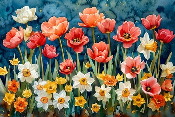 A colorful spring garden with tulips and daffodils in bloom