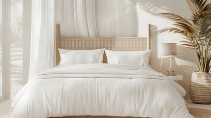 A chic bedroom with a canopy bed, elegant bedding, and stylish decor, with copy space, high-resolution photo, realistic photo, hyper realistic