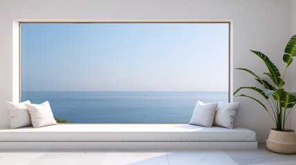 A cozy living room with a large window seat, cushions, and a view of the ocean, with copy space, high-resolution photo, realistic photo, hyper realistic