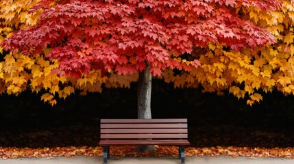 A cozy bench under a large maple tree with leaves turning red and yellow, in a quiet park, with copy space, high-resolution photo, realistic photo, cinematography, hyper realistic
