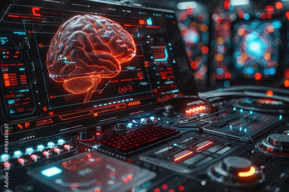 Poster a high-tech control panel displays a detailed holographic brain interface. the scene is filled with 