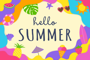 Abstract Hello Summer background with colourful elements. Vacation design. Vector illustration