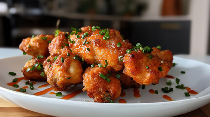 Fototapeta premium Plate of crispy fried chicken bites on skewers garnished with chopped green onions and drizzled with hot sauce.