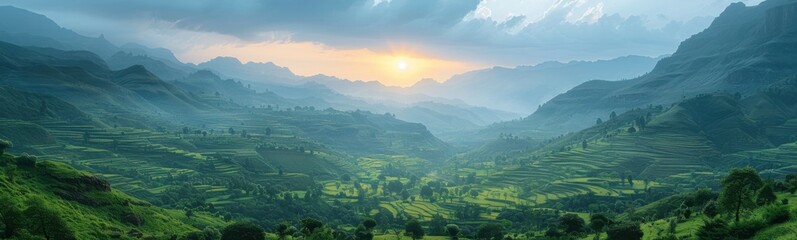 Fototapeta premium Mountains with a valley and a valley covered in grass, Nature background